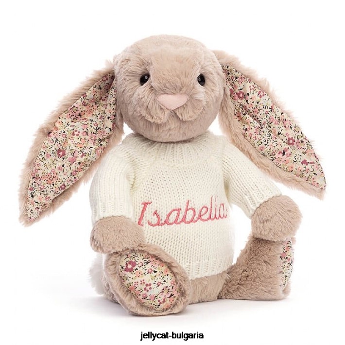 Jellycat blossom bea зайче с персонализиран кремав пуловер в бежово 160 играчка