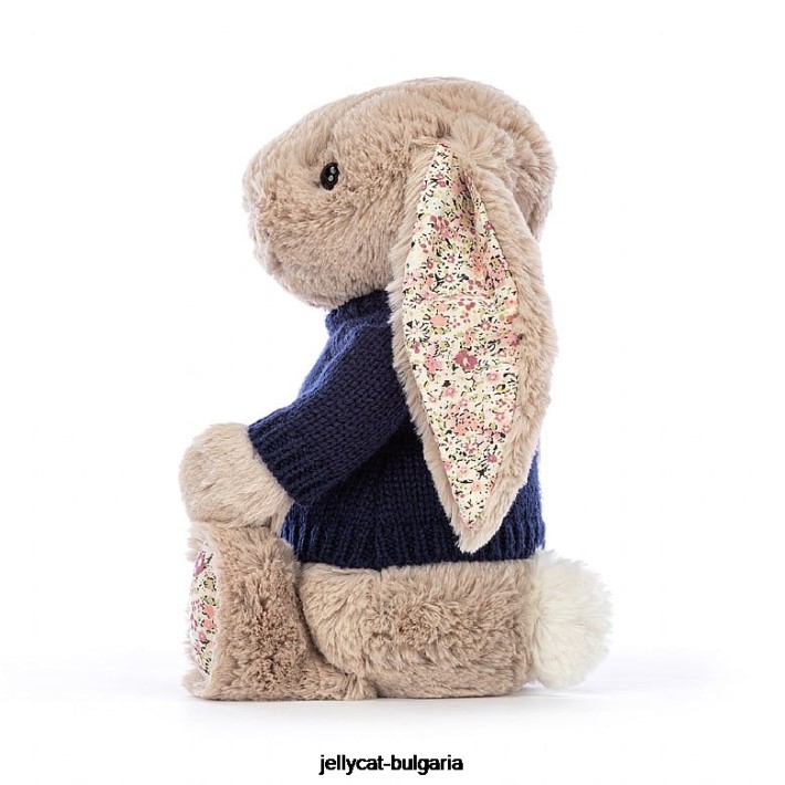 Jellycat blossom bea зайче с персонализиран тъмносинен пуловер бежов 480 играчка