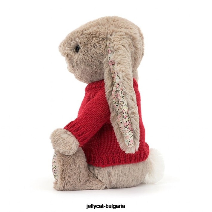 Jellycat blossom bea зайче с персонализиран червен пуловер в бежово 334 играчка