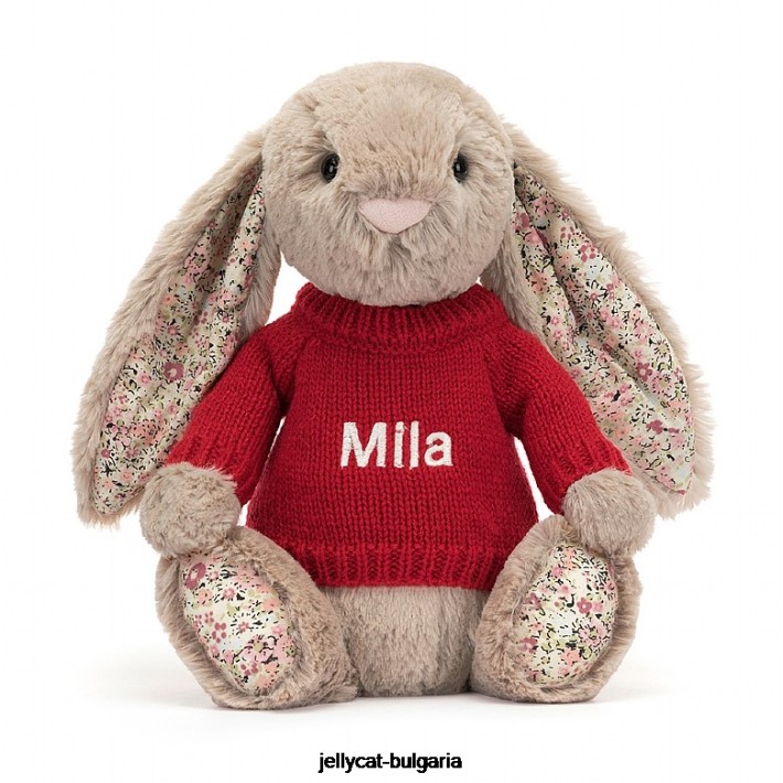 Jellycat blossom bea зайче с персонализиран червен пуловер в бежово 334 играчка