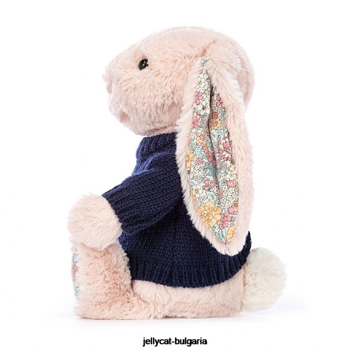 Jellycat blossom blush зайче с персонализиран тъмносин джемпер праскова 484 играчка