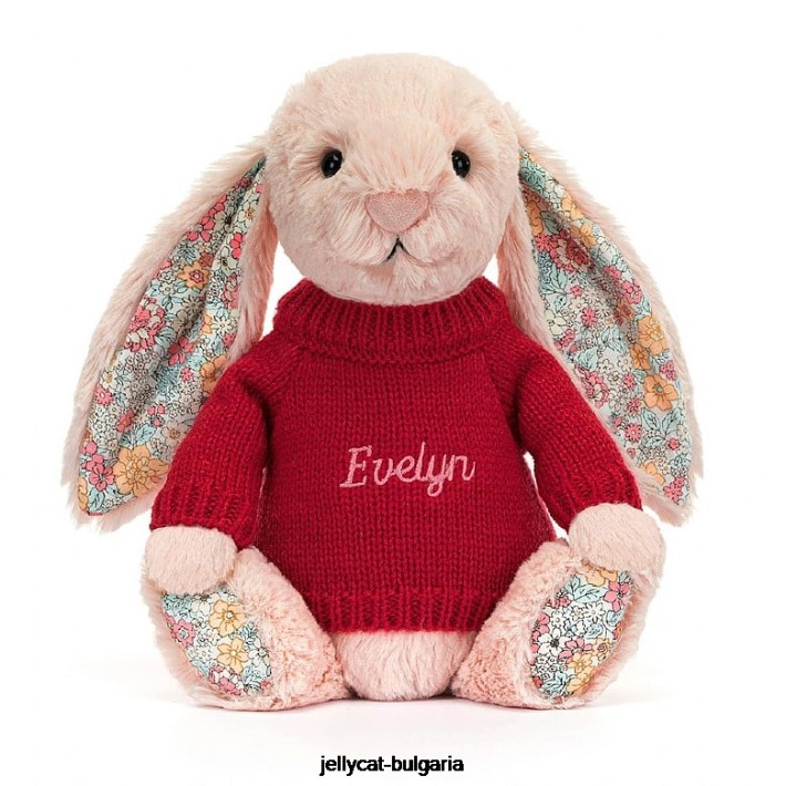 Jellycat blossom blush зайче с персонализирана червена джъмпера праскова 425 играчка