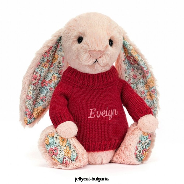 Jellycat blossom blush зайче с персонализирана червена джъмпера праскова 425 играчка