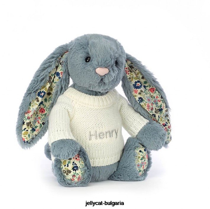 Jellycat blossom dusky с персонализиран кремав пуловер син 331 играчка