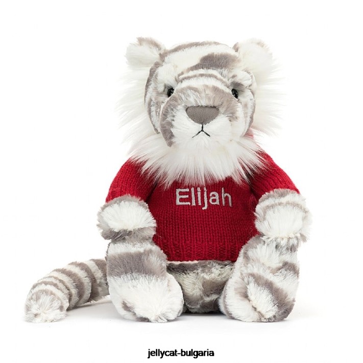 Jellycat stydlivý sněžný tygr s personalizovaným červeným svetrem v šedé a bílé barvě 581 hračka