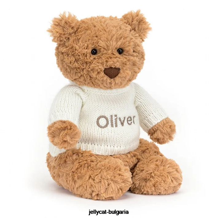 Jellycat мечка Бартоломей с персонализиран кремав пуловер кафяво 89 играчка