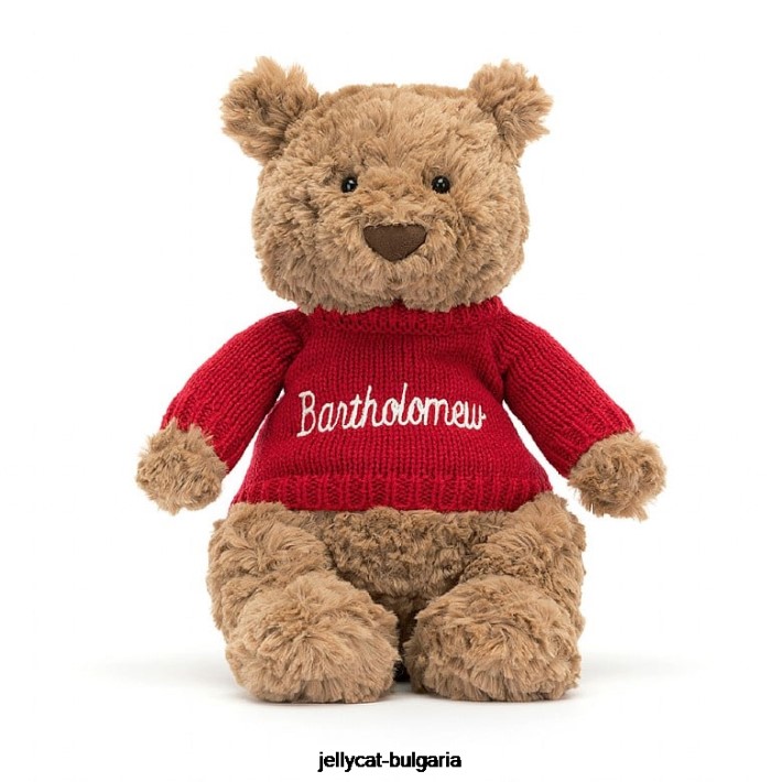 Jellycat мечка Бартоломей с персонализиран червен джемпер кафяв 140 играчка