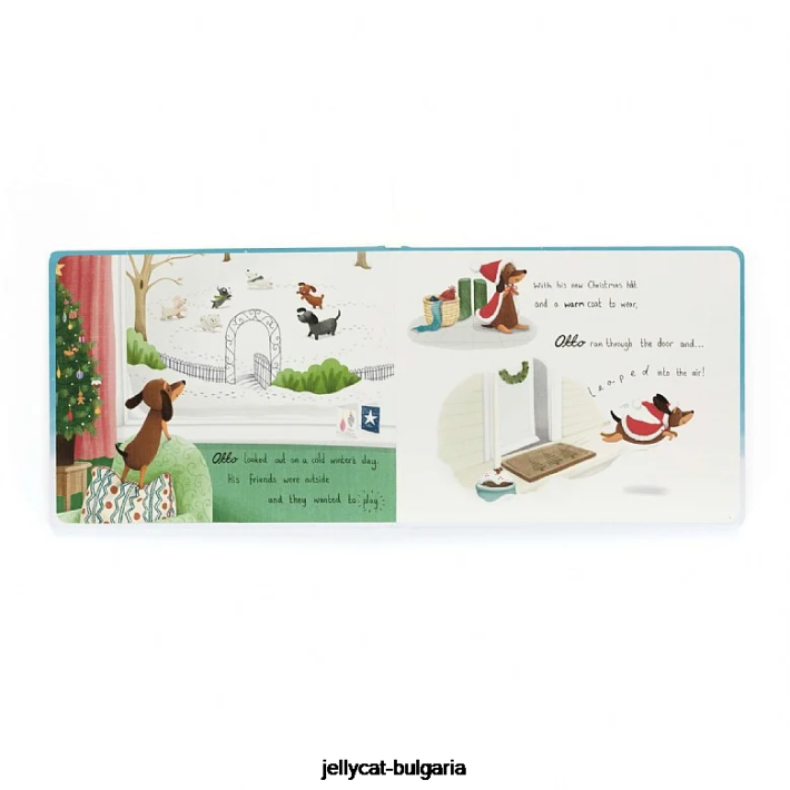 Jellycat снежна коледна книга на Otto  зимна топла кучешка наденица Otto кафяво 305 Книга