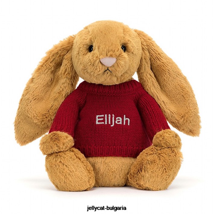 Jellycat срамежлив en зайче с персонализиран червен джемпер златен 333 играчка