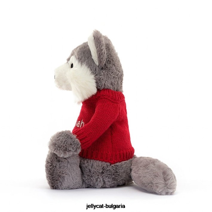 Jellycat срамежлив вълк с персонализиран червен пуловер в сиво и бяло 241 играчка