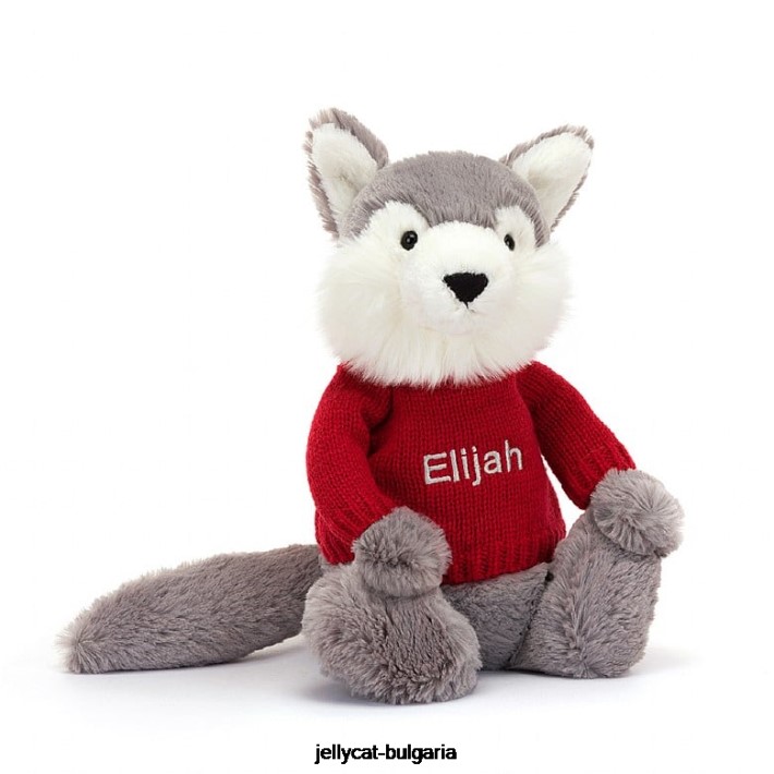 Jellycat срамежлив вълк с персонализиран червен пуловер в сиво и бяло 241 играчка
