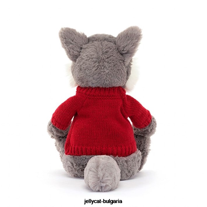 Jellycat срамежлив вълк с персонализиран червен пуловер в сиво и бяло 241 играчка