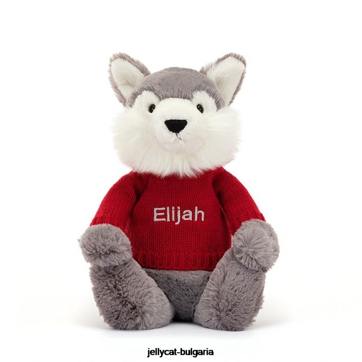 Jellycat срамежлив вълк с персонализиран червен пуловер в сиво и бяло 241 играчка