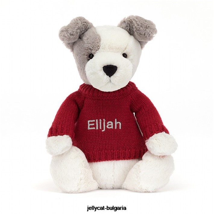 Jellycat срамежлив териер с персонализиран червен джъмпер сиво и бяло 515 играчка