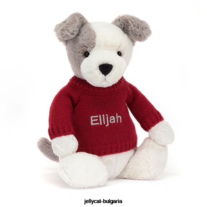 Jellycat срамежлив териер с персонализиран червен джъмпер сиво и бяло 515 играчка