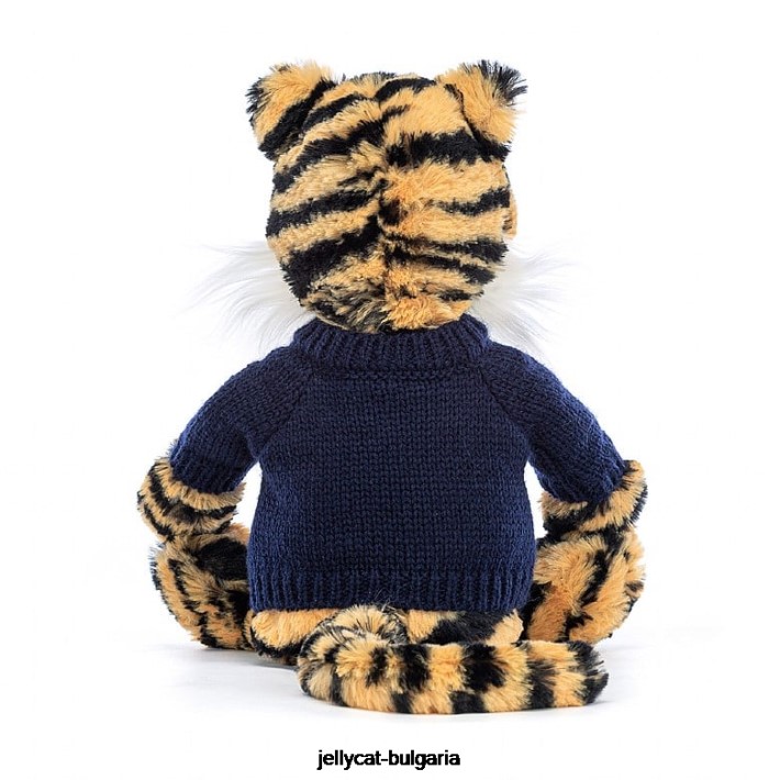 Jellycat срамежлив тигър с персонализиран многоцветен тъмносин пуловер 269 играчка