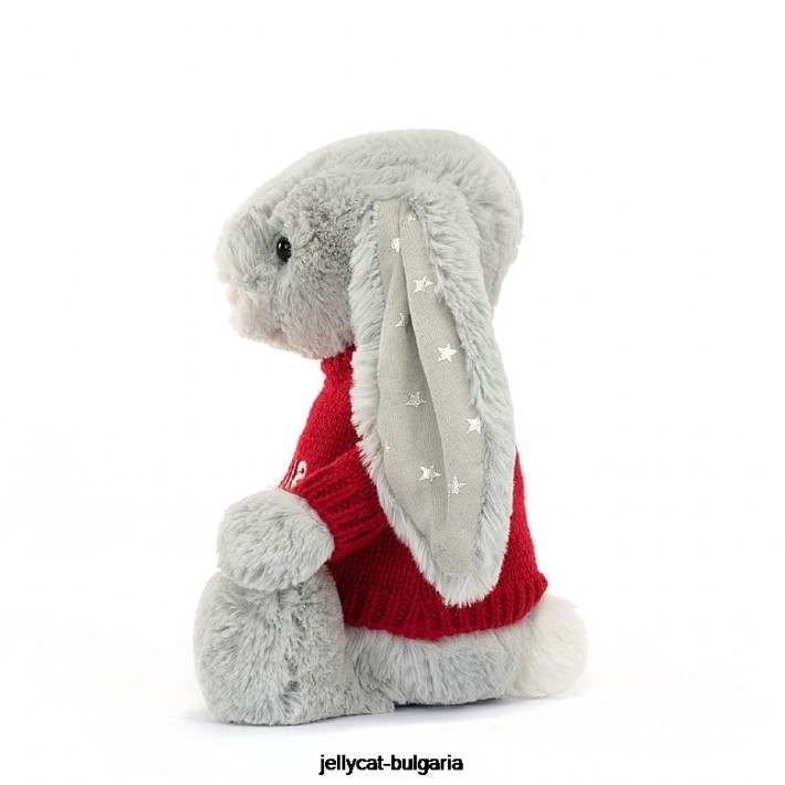 Jellycat срамежливо блестящо зайче с персонализиран червен пуловер в сиво 416 играчка
