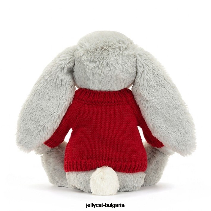 Jellycat срамежливо блестящо зайче с персонализиран червен пуловер в сиво 416 играчка