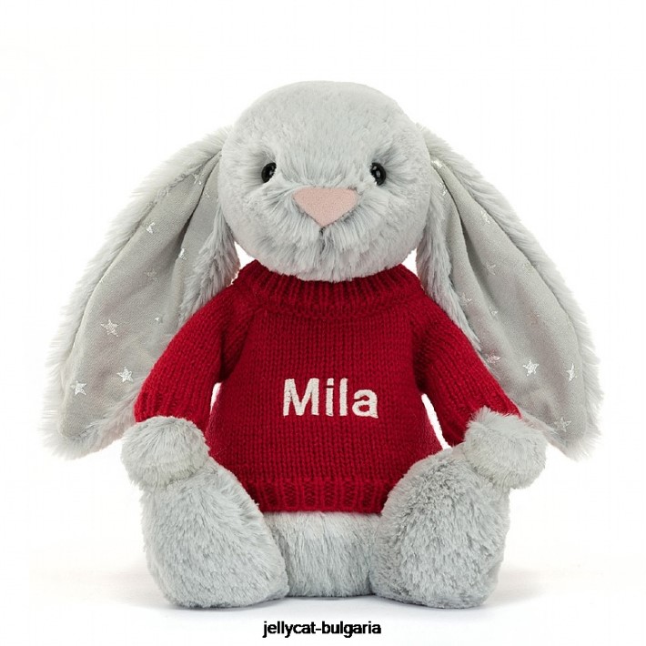 Jellycat срамежливо блестящо зайче с персонализиран червен пуловер в сиво 416 играчка