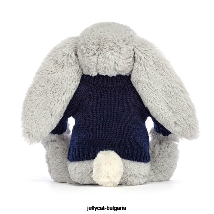 Jellycat срамежливо блещукащо зайче с персонализиран тъмносин джемпер сив 356 играчка