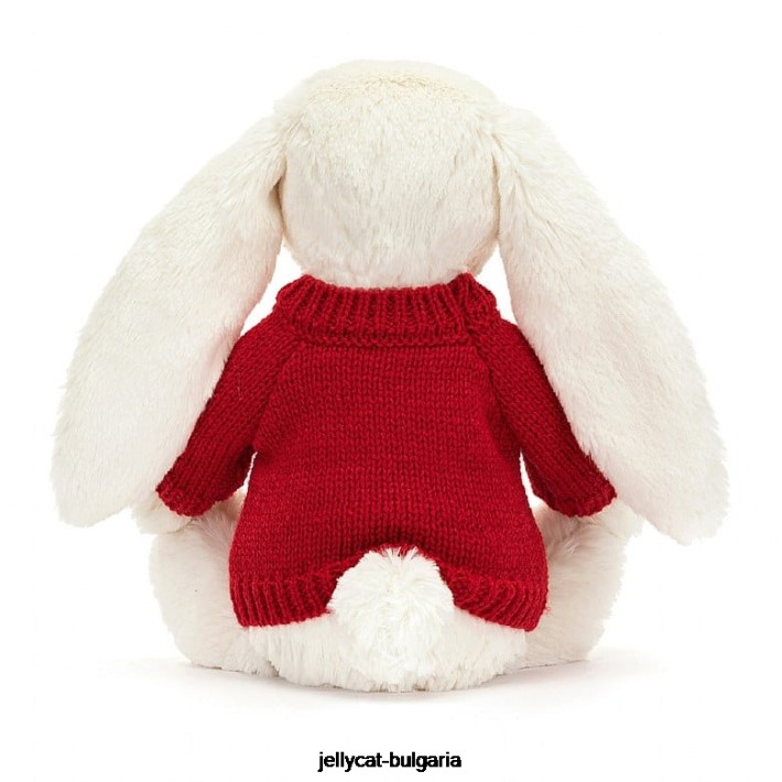 Jellycat срамежливо блещукащо зайче с персонализиран червен пуловер крем 213 играчка