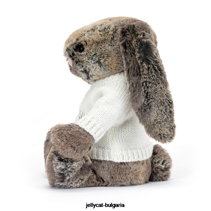 Jellycat срамежливо зайче от памучна опашка с персонализиран кремав пуловер в сиво 354 играчка