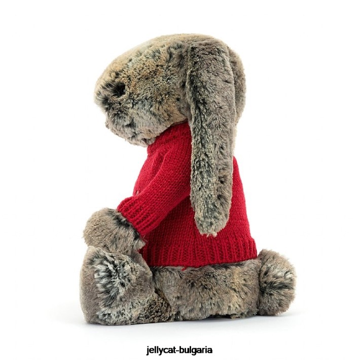 Jellycat срамежливо зайче от памучна опашка с персонализиран сив червен пуловер 414 играчка