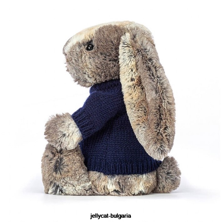Jellycat срамежливо зайче от памучна опашка с персонализиран тъмносин пуловер в сиво 397 играчка