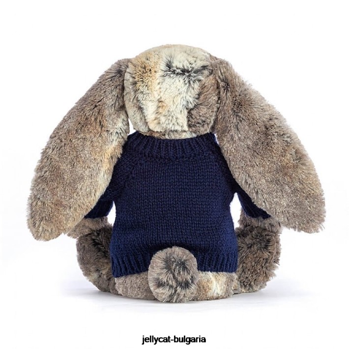 Jellycat срамежливо зайче от памучна опашка с персонализиран тъмносин пуловер в сиво 397 играчка