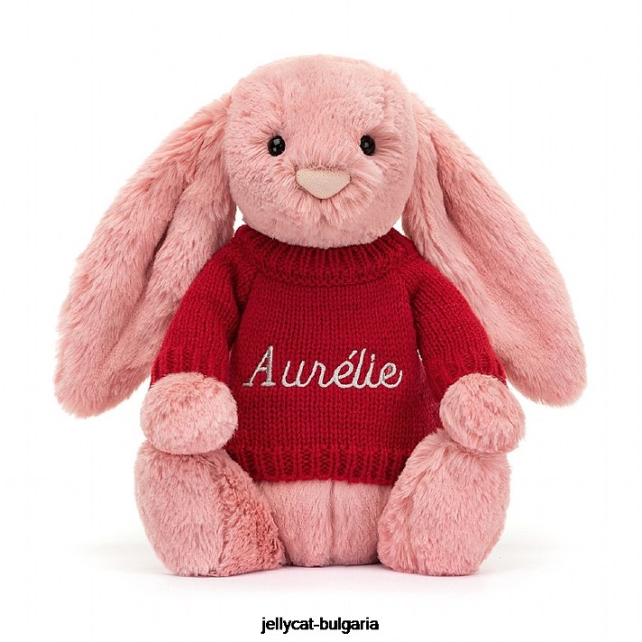Jellycat срамежливо зайче с венчелистчета с персонализиран червен пуловер розово сорбе 299 играчка