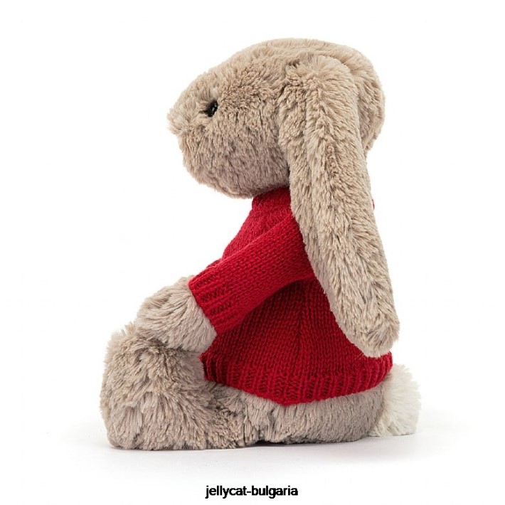 Jellycat срамежливо зайче с персонализиран бежов червен пуловер 178 играчка