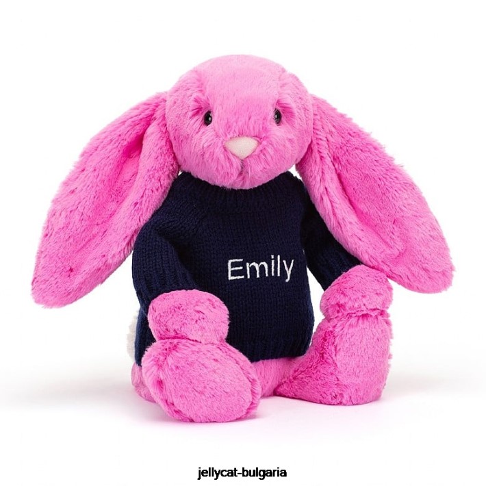 Jellycat срамежливо зайче с персонализиран тъмносин пуловер в ярко розово 470 играчка