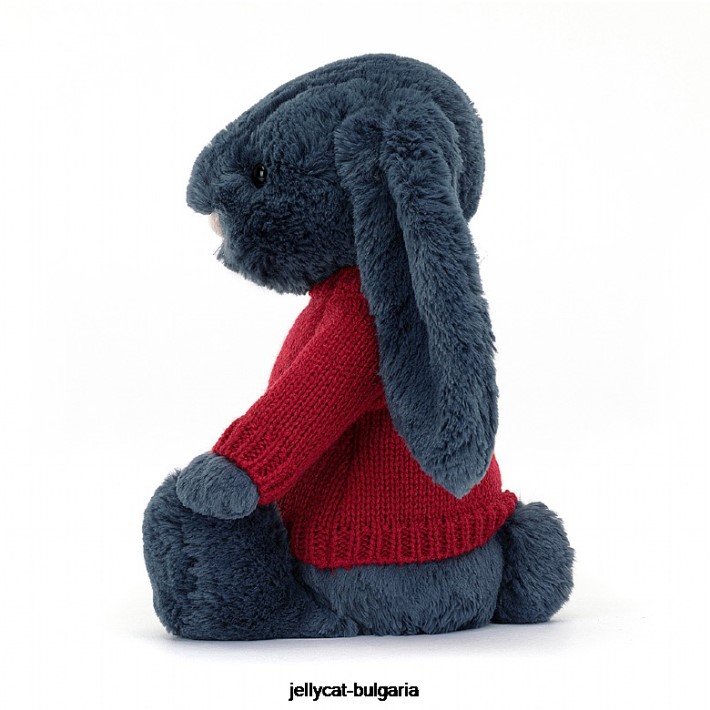 Jellycat срамежливо зайче с персонализиран червен пуловер в темносин цвят 374 играчка