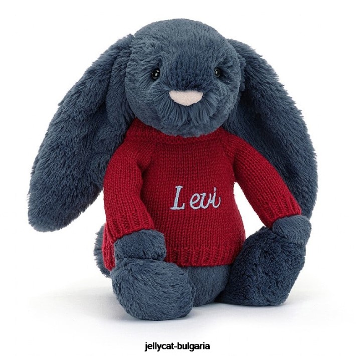 Jellycat срамежливо зайче с персонализиран червен пуловер в темносин цвят 374 играчка