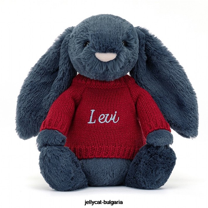 Jellycat срамежливо зайче с персонализиран червен пуловер в темносин цвят 374 играчка