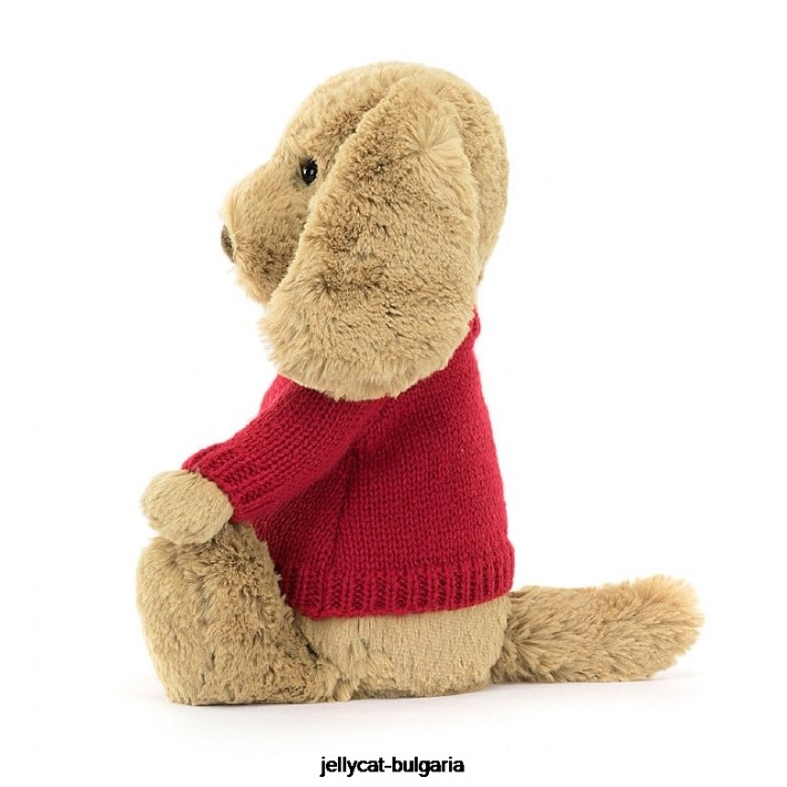 Jellycat срамежливо карамелно кученце с персонализиран бежов червен пуловер 158 играчка