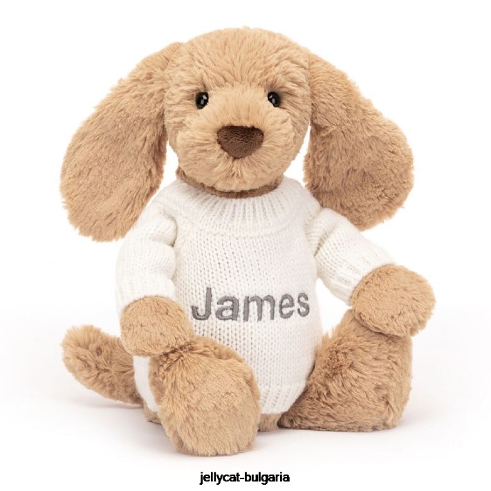 Jellycat срамежливо карамелно кученце с персонализиран кремав бежов пуловер 135 играчка