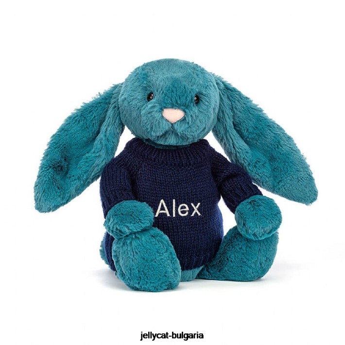 Jellycat срамежливо минерално синьо зайче с персонализиран тъмносин пуловер колбалтово синьо 316 играчка
