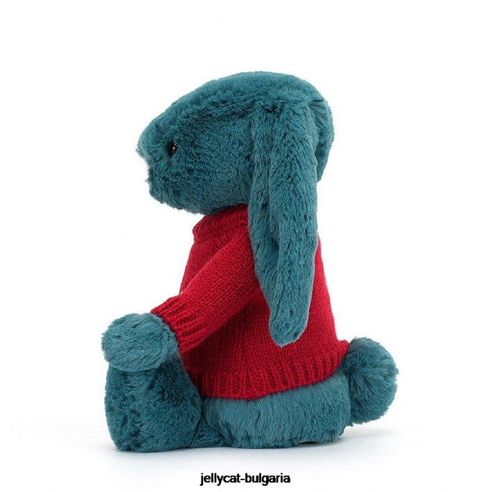 Jellycat срамежливо минерално синьо зайче с персонализиран червен пуловер колбалтово синьо 415 играчка