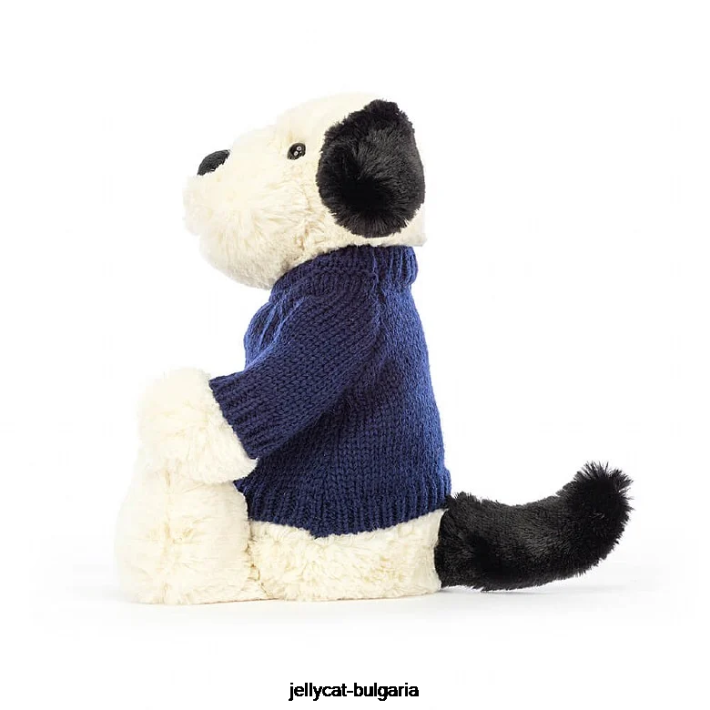 Jellycat срамежливо черно-кремаво кученце с персонализиран тъмносинен пуловер черно и бяло 282 играчка
