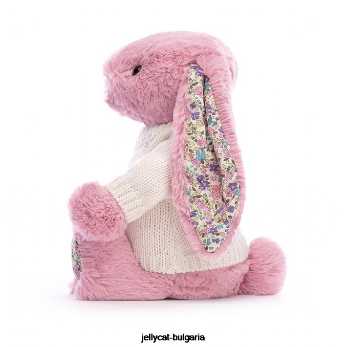 Jellycat цветно лале зайче с персонализиран кремав пуловер в розово 298 играчка
