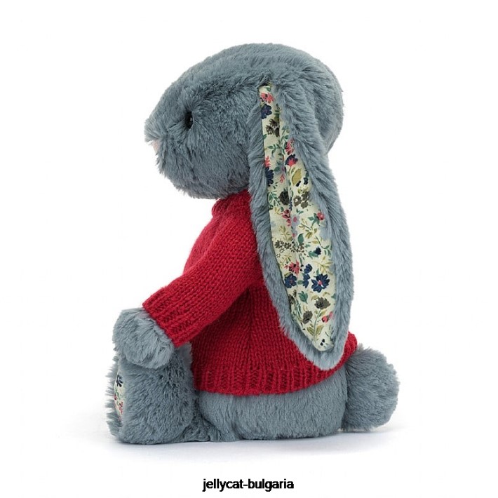 Jellycat цветно тъмно зайче с персонализиран червен джъмпер син 474 играчка