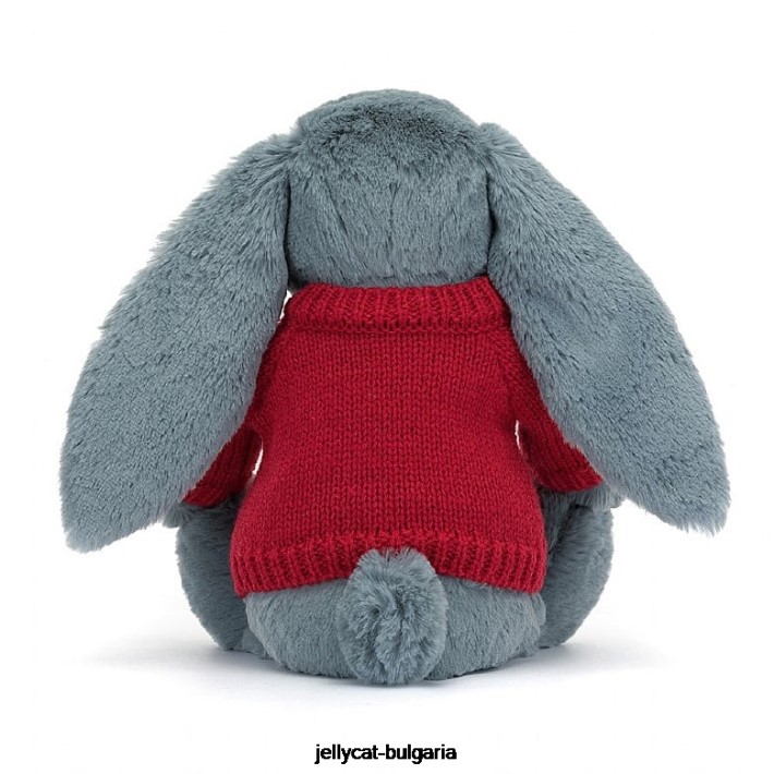 Jellycat цветно тъмно зайче с персонализиран червен джъмпер син 474 играчка