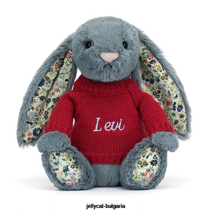 Jellycat цветно тъмно зайче с персонализиран червен джъмпер син 474 играчка