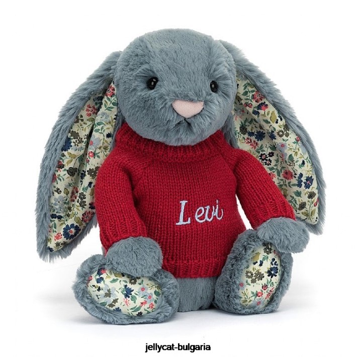 Jellycat цветно тъмно зайче с персонализиран червен джъмпер син 474 играчка