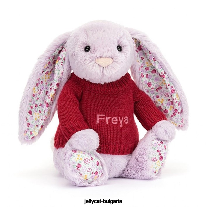 Jellycat цъфтящо жасминово зайче с персонализиран лилав червен пуловер 399 играчка