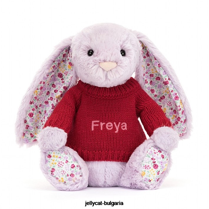 Jellycat цъфтящо жасминово зайче с персонализиран лилав червен пуловер 399 играчка