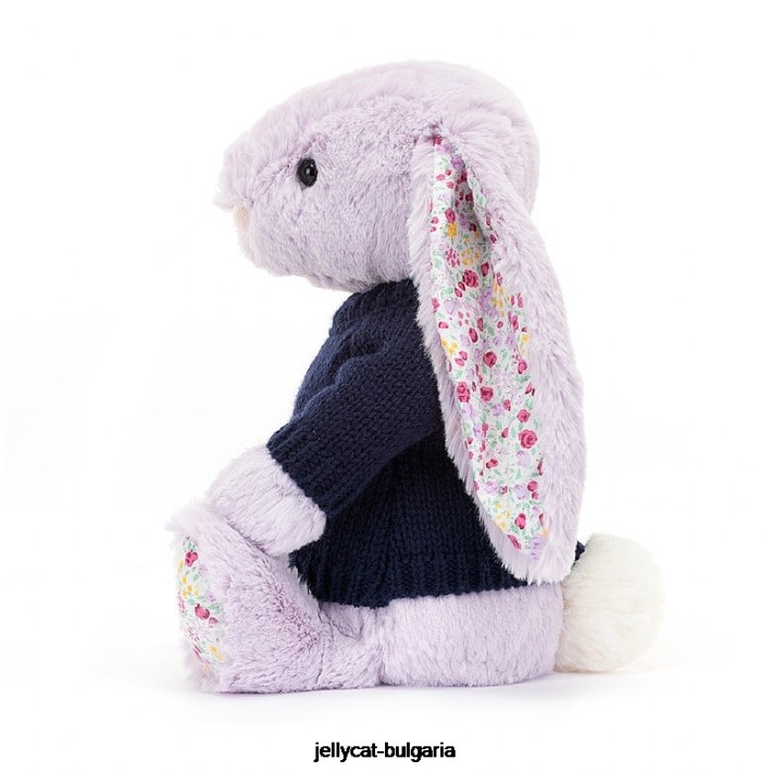 Jellycat цъфтящо жасминово зайче с персонализиран тъмносинен пуловер в лилаво 472 играчка