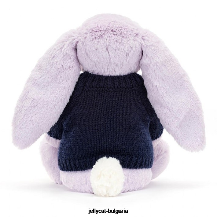 Jellycat цъфтящо жасминово зайче с персонализиран тъмносинен пуловер в лилаво 472 играчка