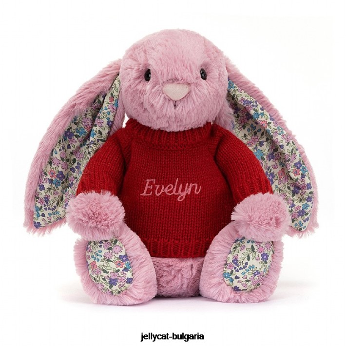 Jellycat цъфтящо зайче лале с персонализиран розов червен пуловер 430 играчка